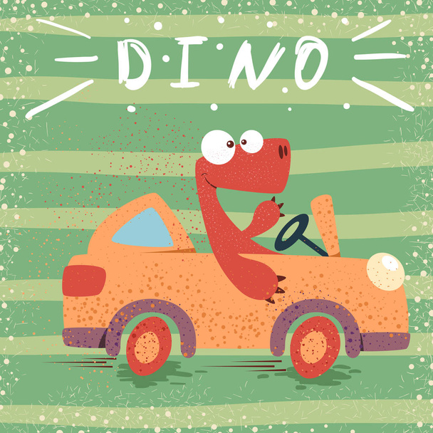 Cute dino drive funny car. - Vector, Imagen