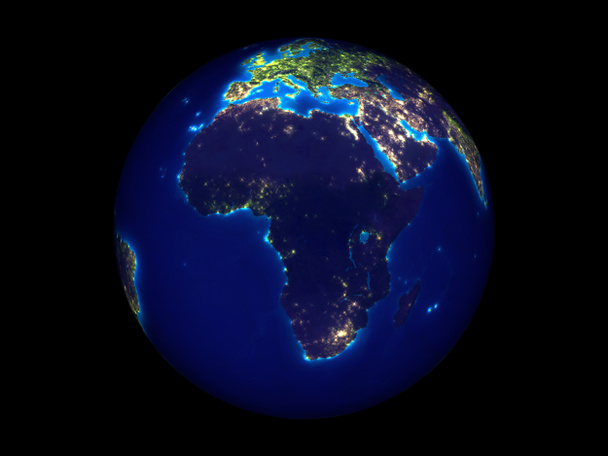 Afryka na planecie ziemi w nocy z kosmosu. 3D ilustracja na białym tle. Elementy tego obrazu dostarczone przez Nasa. - Zdjęcie, obraz