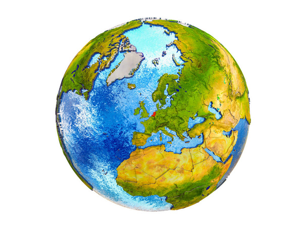 Países Bajos en el modelo 3D de la Tierra con fronteras nacionales y agua en los océanos. Ilustración 3D aislada sobre fondo blanco
. - Foto, Imagen