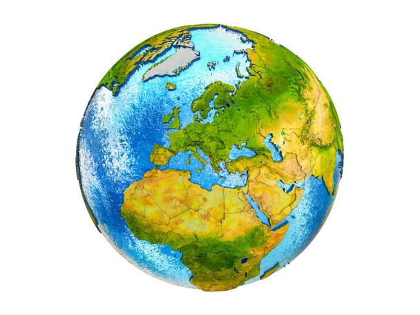 Черногория на 3D модели Земли с границами страны и водой в океанах. 3D иллюстрация на белом фоне
. - Фото, изображение