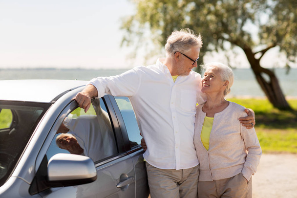 happy senior couple with car in summer - Photo, Image