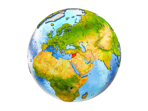 Siria en el modelo 3D de la Tierra con fronteras nacionales y agua en los océanos. Ilustración 3D aislada sobre fondo blanco
. - Foto, Imagen