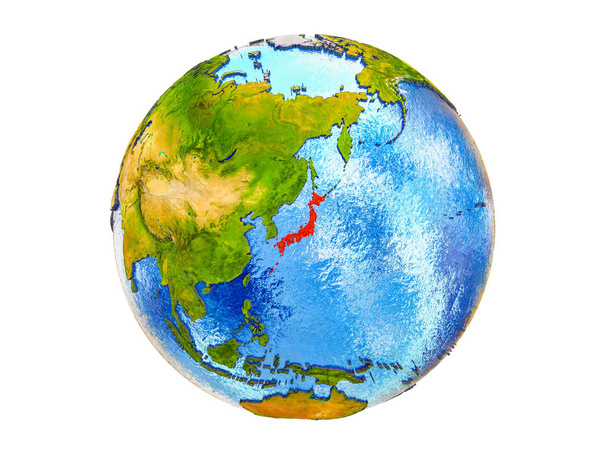 Japan auf einem 3D-Modell der Erde mit Ländergrenzen und Wasser in den Ozeanen. 3D-Illustration isoliert auf weißem Hintergrund. - Foto, Bild