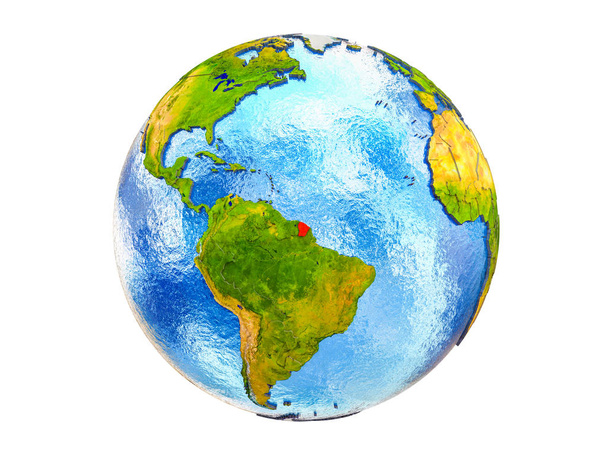 Französische Guiana auf einem 3D-Modell der Erde mit Ländergrenzen und Wasser in Ozeanen. 3D-Illustration isoliert auf weißem Hintergrund. - Foto, Bild