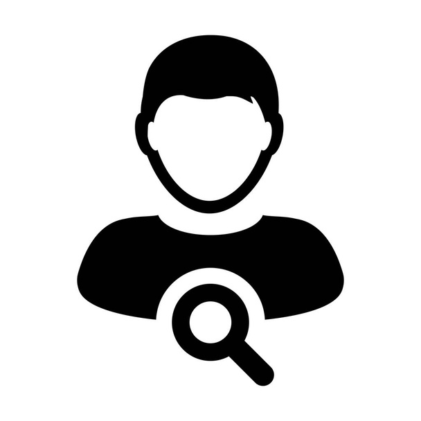 Іконка пошуку користувача Векторний чоловічий профіль аватара з збільшувальним склом у плоскій кольоровій ілюстрації піктограми гліфа
 - Вектор, зображення