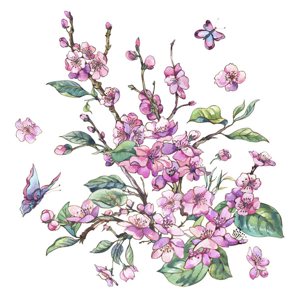Aquarell rosa blühende Zweige von Kirschpfirsich, Birne, Sakura - Foto, Bild