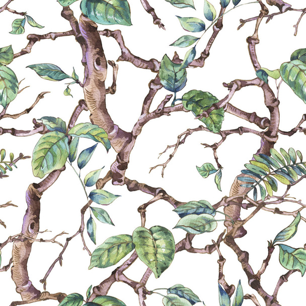 Watercolor flower vintage seamless pattern with branches and lea - Photo, Image