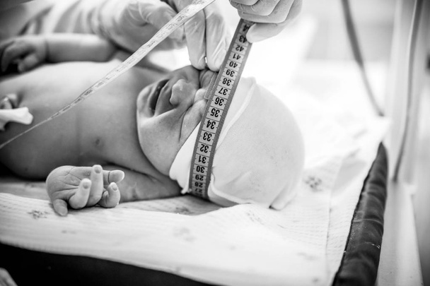 Το κεφάλι ενός νεογέννητου μωρού είναι μετράται μετά τη γέννηση. - Φωτογραφία, εικόνα