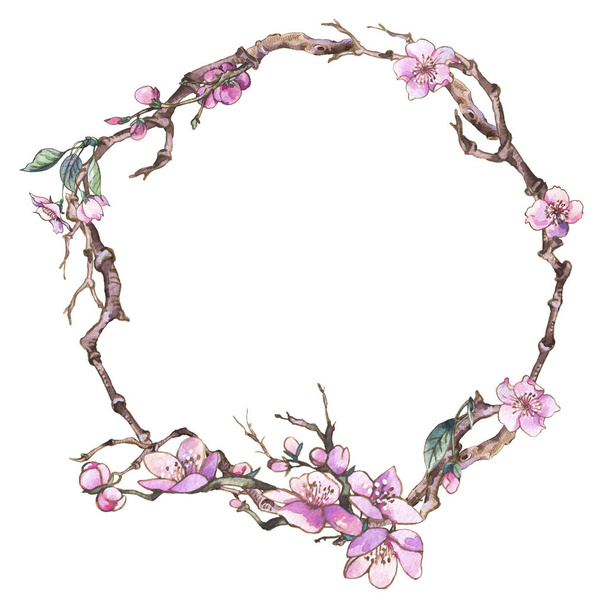 Aquarel voorjaar wenskaart, vintage bloemen ronde frame met - Foto, afbeelding