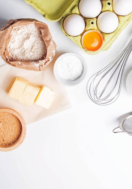 Baking ingredients on the white background, top view - Photo, Image