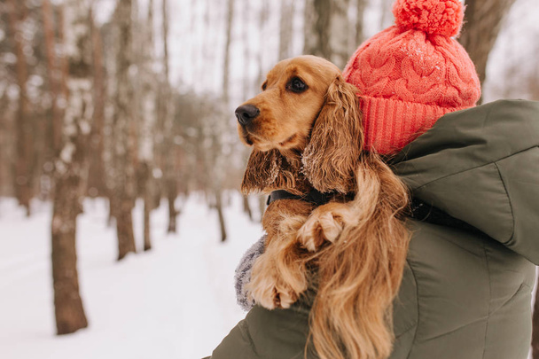 Girl holding a dog in her arms in the winter forest - Photo, image