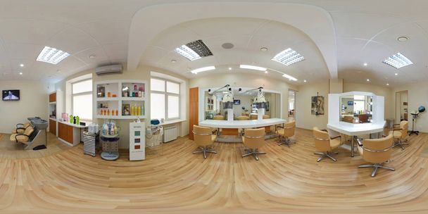 MINSK, BELARUS - DECEMBER 25, 2014: Full 360 panorama in equirectangular spherical equidistant projection in interior stylish barber saloon. Photorealistic VR content - 写真・画像