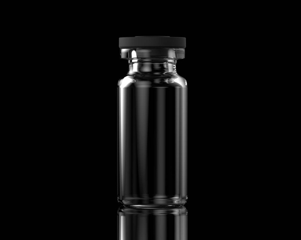 Isolated transparent empty glass vial with rubber cap on black background with reflections. 3D illustration - Foto, Imagem