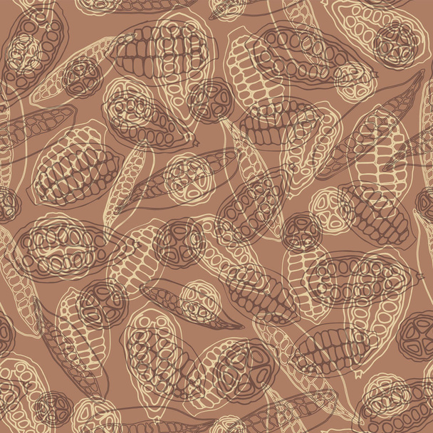 Cacao pods seamless repeat pattern background in a retro illustration style. Ideal for fabric, home decor, apparel and accessories, wallpaper, packaging and other paper goods. - Vector, Image