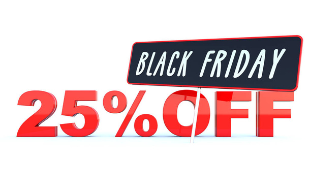 Black Friday 25 percent off discount - glossy red text on white background wide banner - 写真・画像