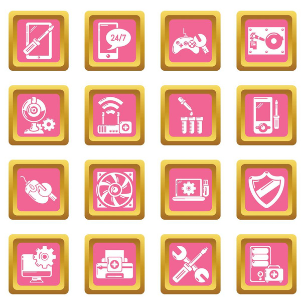Computer repair service icons set pink square vector - Vector, afbeelding