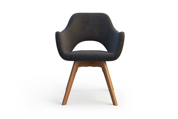 Moderna sedia grigia con seduta in tessuto e gambe in legno su sfondo bianco con ombre. rendering 3d
 - Foto, immagini