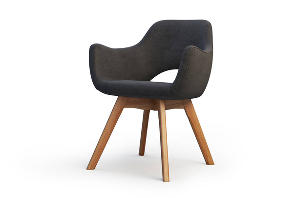 Moderna sedia grigia con seduta in tessuto e gambe in legno su sfondo bianco con ombre. rendering 3d
 - Foto, immagini