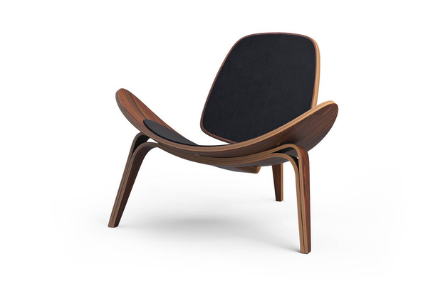 Holzstuhl mit weichem Sitz. dunkles Holz, schwarze Polsterung. moderner Stuhl mit Textilsitz auf weißem Hintergrund mit Schatten. 3D-Darstellung - Foto, Bild