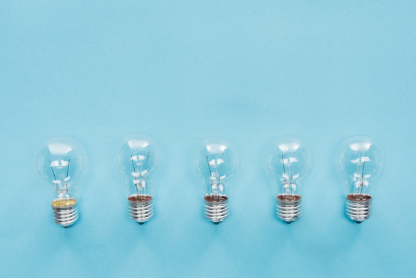 top view of light bulbs in row on blue background, having new idea concept - Foto, immagini