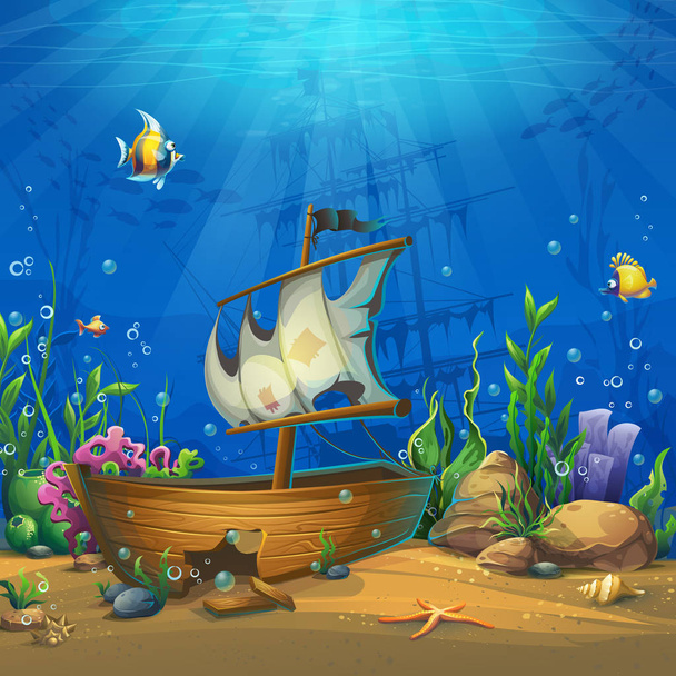 Undersea world with ship. Marine Life Landscape - the ocean and the underwater world with different inhabitants. For design websites and mobile phones, printing. - Vector, Image