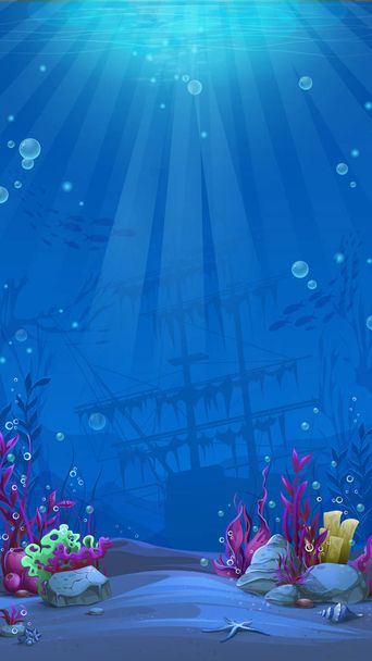 Undersea world in blue theme. Marine Life Landscape - the ocean and the underwater world with different inhabitants. For design websites and mobile phones, printing. - Vector, Image