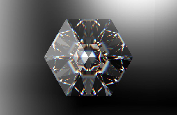 Gema hexagonal sobre fondo negro con reflejos y refracciones. Renderizado 3D
 - Foto, Imagen