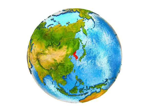Corea en el modelo 3D de la Tierra con fronteras nacionales y el agua en los océanos. Ilustración 3D aislada sobre fondo blanco
. - Foto, Imagen