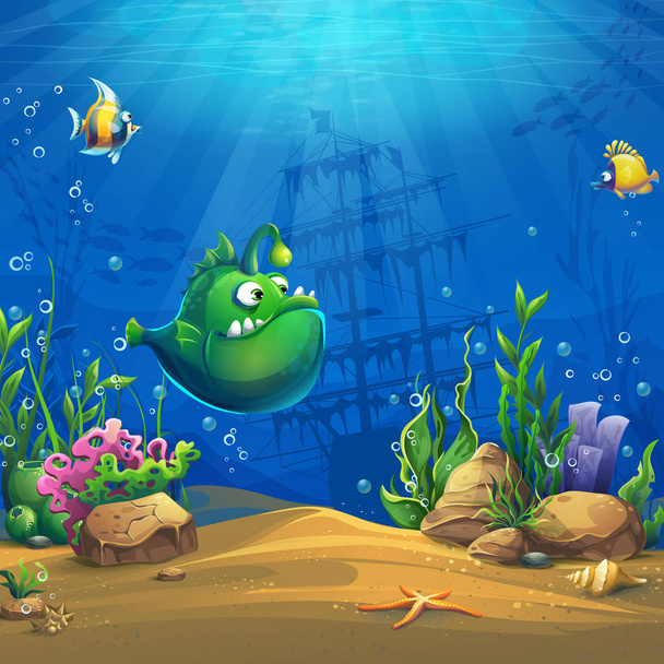 Beautiful cartoon funny green fish, coral and colorful reefs and algae on sand. Vector illustration of sea landscape. - Vector, Image