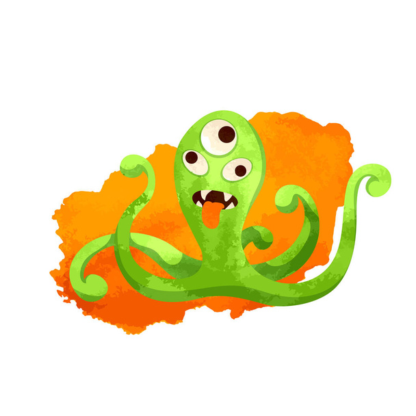 Vector image. Funny crazy green monster. Cute cartoon monster resembling an octopus. Watercolor imitation - Vettoriali, immagini