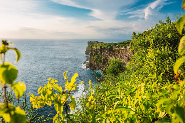 Okyanus ve yeşil ağaçların Uluwatu, Bali ile kayalık uçurum - Fotoğraf, Görsel