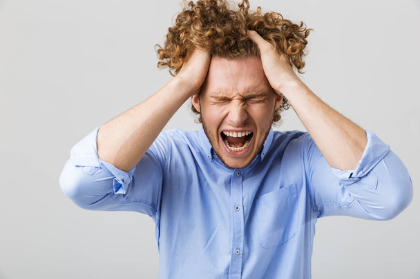 Portrait of a mad young man with curly hair isolated over white background, shouting, holdind arms in his hair - 写真・画像