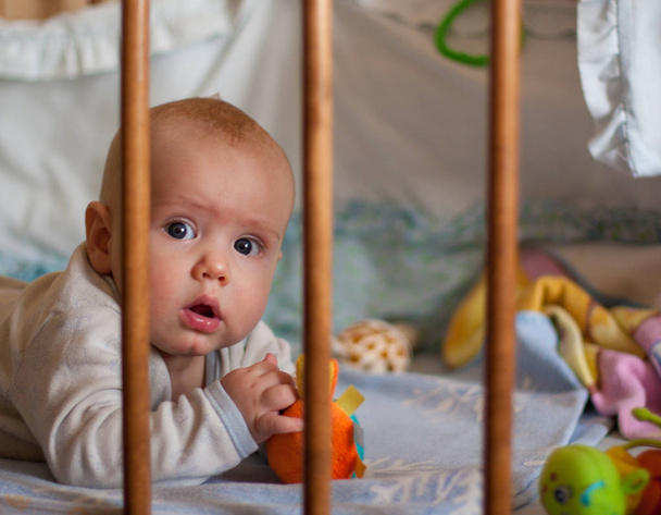 A little boy in a crib at home - Φωτογραφία, εικόνα