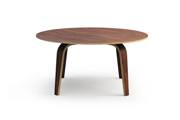 Moderní kulatý dřevěný konferenční stolek s dřevěnou nohou na bílém pozadí se stíny. 3D vykreslování. - Fotografie, Obrázek