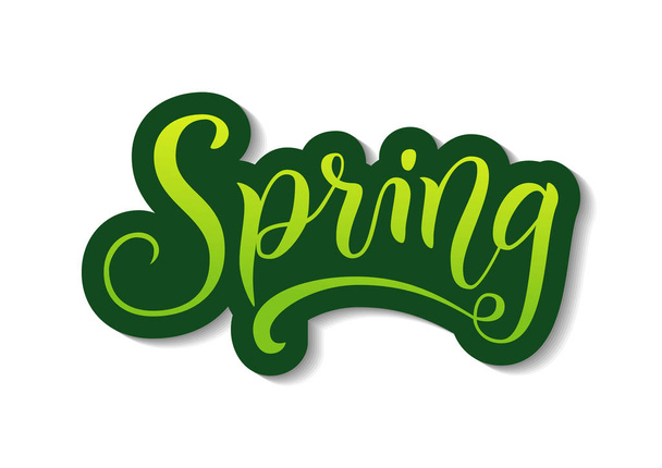 Modern calligraphy lettering of Spring in green gradient with green outline and shadow in paper cut style on white background for decoration, sticker, poster, banner, advertising,calendar, flower shop - Vektör, Görsel