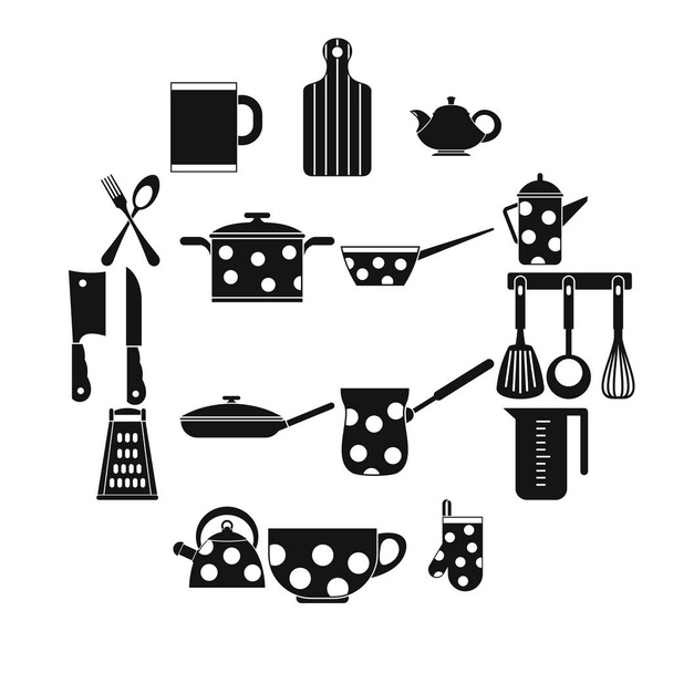 Konyhai eszközök és edények ikonokat, egyszerű stílus - Vektor, kép
