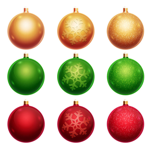 Set of christmas balls of gold, red, green. Isolated on white background. Christmas decorations, ornaments on the Christmas tree. - Photo, image