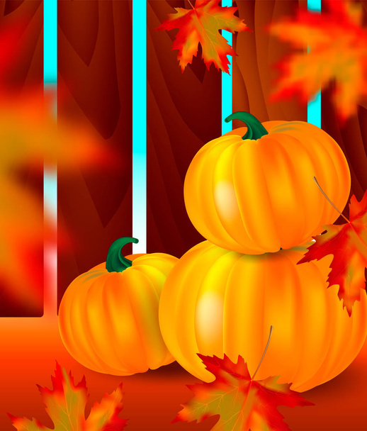 Calabazas de color naranja brillante y hojas de arce rojo que caen borrosas con fondo de otoño con valla de madera jardín. Banner de temporada o tarjeta vintage de vacaciones. Ilustración vectorial realista
. - Vector, Imagen