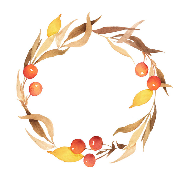 Watercolor illustratiom isolated on white background. Autumn wreath of brown and yellow leaves and red berries. Frame for invitation and greeting card, print and wedding in boho and rustic stile - Zdjęcie, obraz