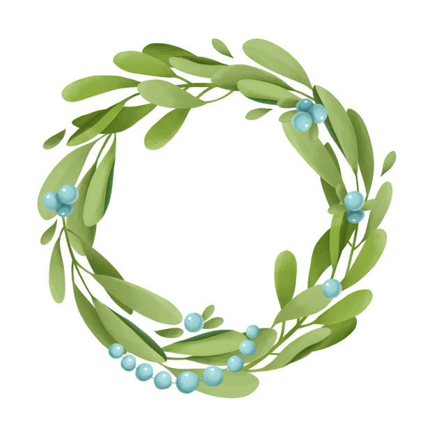 Christmas and new year Illustration about green omela branch with white blue berry. Decorative wreath of holiday tree isolated on white background - Zdjęcie, obraz