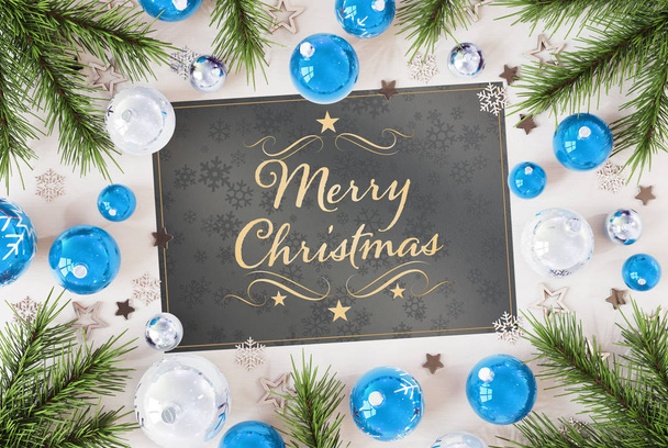 Christmas card greetings on white wood with blue baubles 3D rendering - Φωτογραφία, εικόνα
