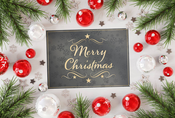 Christmas card greetings on white wood with red baubles 3D rendering - Фото, зображення