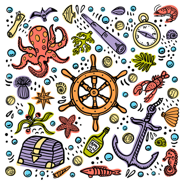 Sea adventures card. Marine hand drawn vector objects. Doodle style vector illustration - ベクター画像