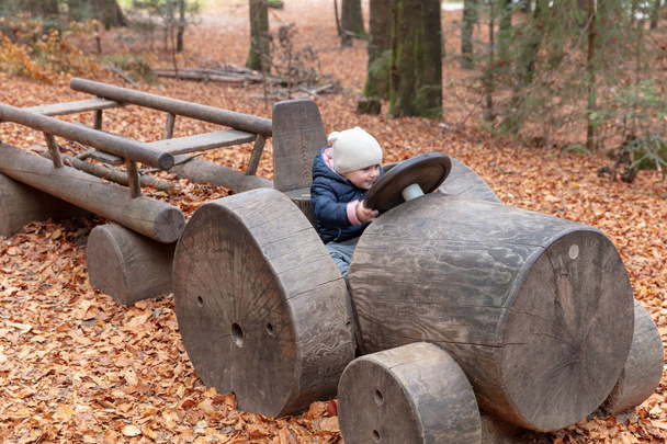 Toddler driving a wooden truck at the forrest playground in the Bavarian Forrest National Park near Spiegelau - Foto, Imagem