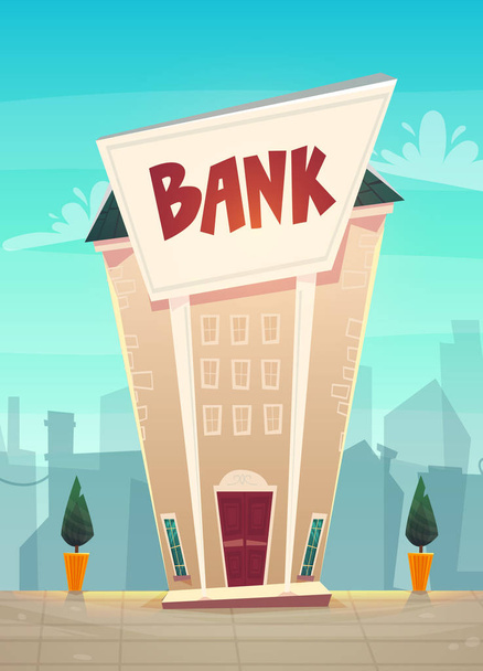 cartoon bank branch at city street illustration . happy financial business planing .  money of stock exchange finance vector. safe deposit box or credit - Vector, Image