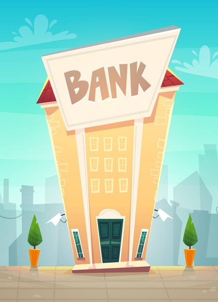 漫画銀行支店都市通りの図。幸せな金融ビジネスの滑走。証券取引所金融ベクトルのお金。セーフティ ボックスやクレジット - ベクター画像