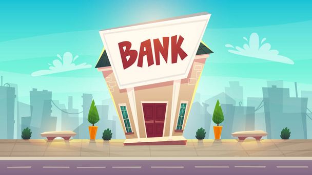 漫画銀行支店都市通りの図。幸せな金融ビジネスの滑走。証券取引所金融ベクトルのお金。セーフティ ボックスやクレジット - ベクター画像