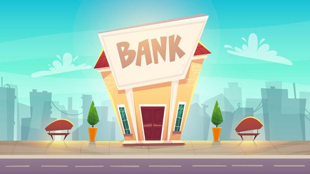 Cartoon-Bankfiliale an der Stadtstraße Illustration. Glückliche Finanzplanung. Geld des Börsenfinanzierungsvektors. Tresor oder Kredit - Vektor, Bild