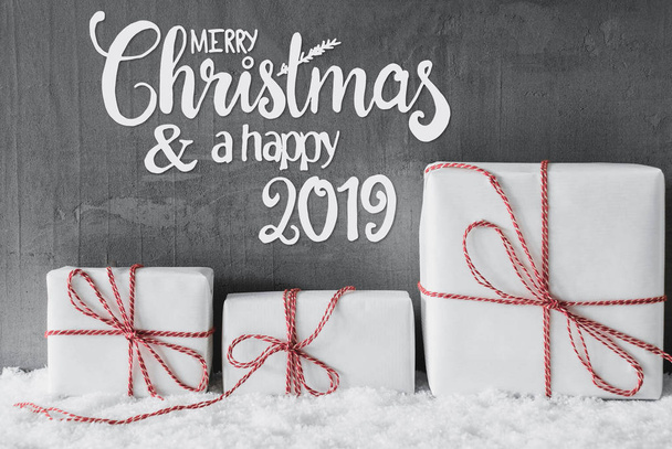 White Gifts, Calligraphy Merry Christmas And Happy 2019, Snow - Фото, изображение