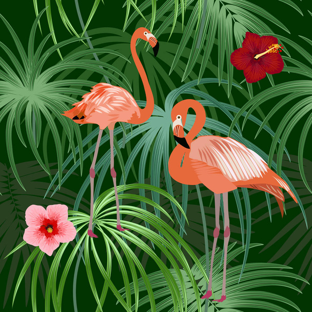 nahtlose Muster von Flamingo, Blätter monstera. tropische Blätter von Palmen und Blumen. Vektorhintergrund. - Vektor, Bild